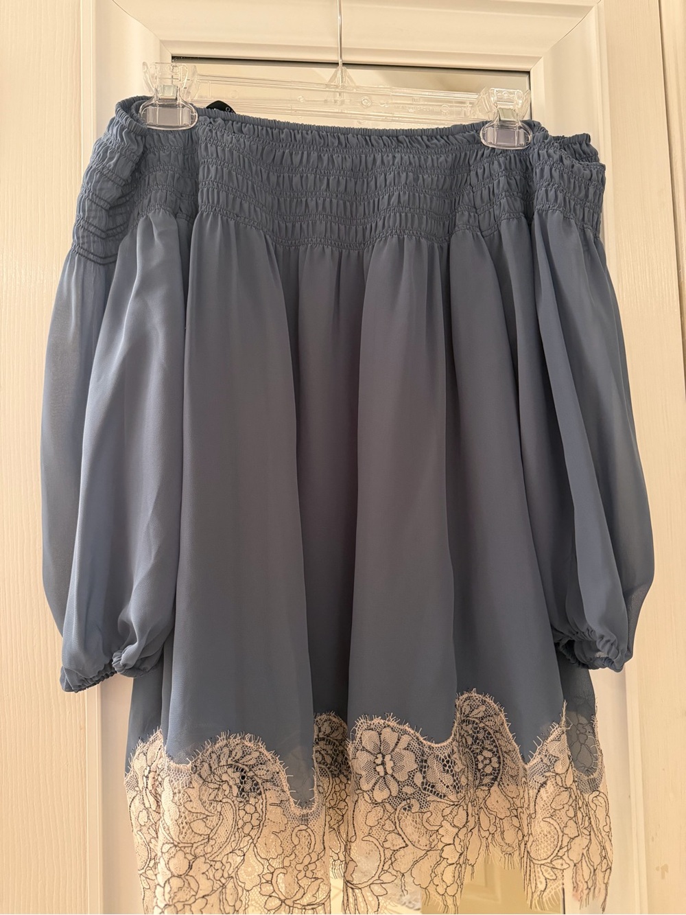 Marciano Blue Off-the-Shoulder Blouse with Cream Lace Trim